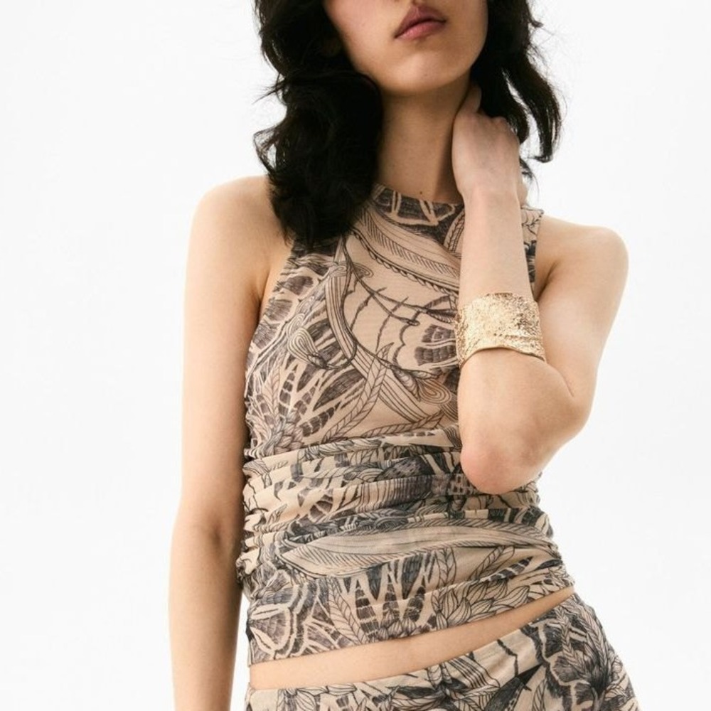 H&M‎ Draped Mesh Sleeveless Tank Top Beige Grey Abstract Floral Grunge  (Size S)